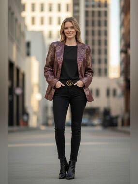 Vtg 90s VAKKO SPORT Plum Gold Python Print Leather Blazer Jacket Medium Retro